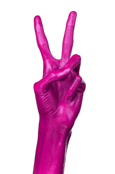 Pink hand on white background, isolated, paint - Фото, изображение
