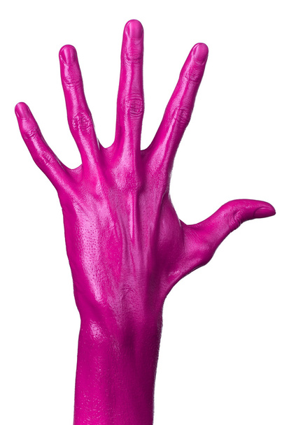 Pink hand on white background, isolated, paint - Photo, Image