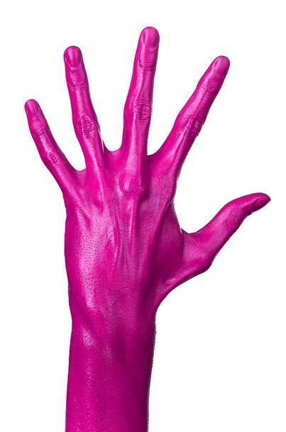 Pink hand on white background, isolated, paint - Foto, afbeelding