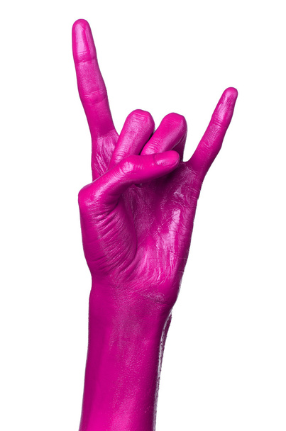 Pink hand on white background, isolated, paint - Фото, зображення