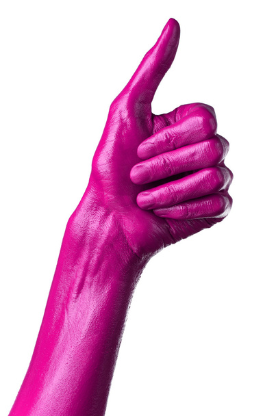 Pink hand on white background, isolated, paint - Φωτογραφία, εικόνα