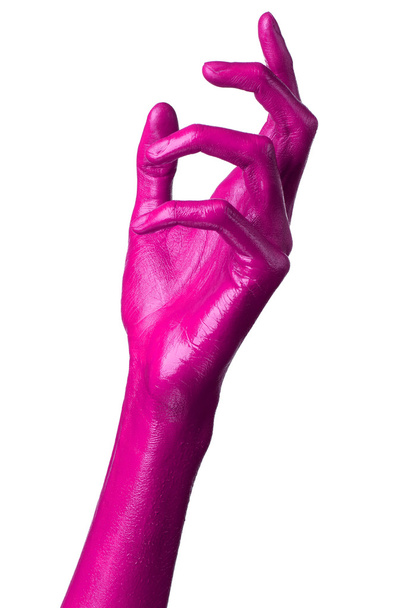Pink hand on white background, isolated, paint - Fotografie, Obrázek
