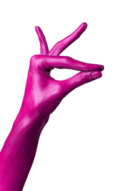 Pink hand on white background, isolated, paint - Zdjęcie, obraz