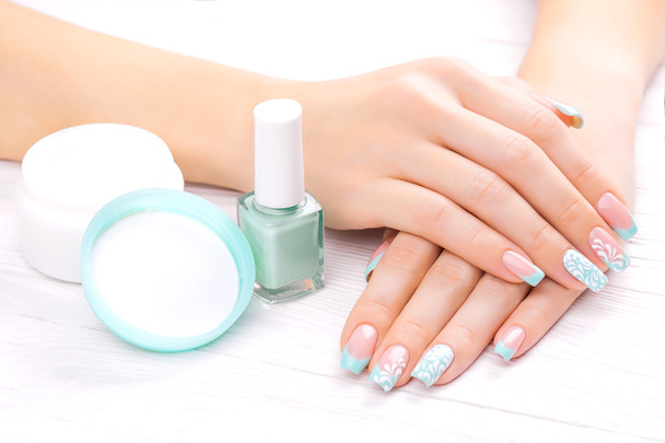 turquoise french manicure with light towel - Φωτογραφία, εικόνα