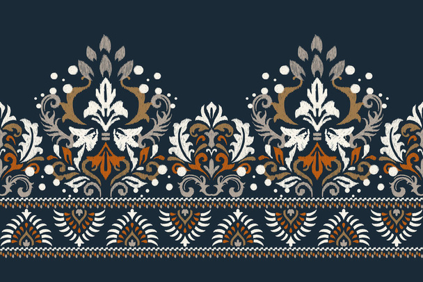 Ikat patrón floral tradicional sobre fondo azul marino vector illustration.Ikat bordado oriental étnico, estilo azteca, fondo abstracto.design para textura, tela, ropa, envoltura, decoración, bufanda - Vector, imagen