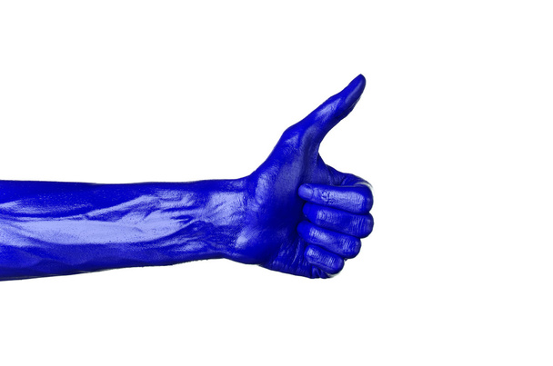 Blue hand on white background, isolated, paint - 写真・画像