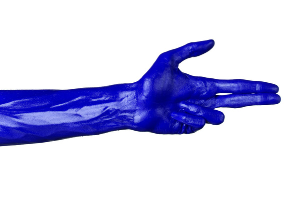 Blue hand on white background, isolated, paint - Фото, изображение