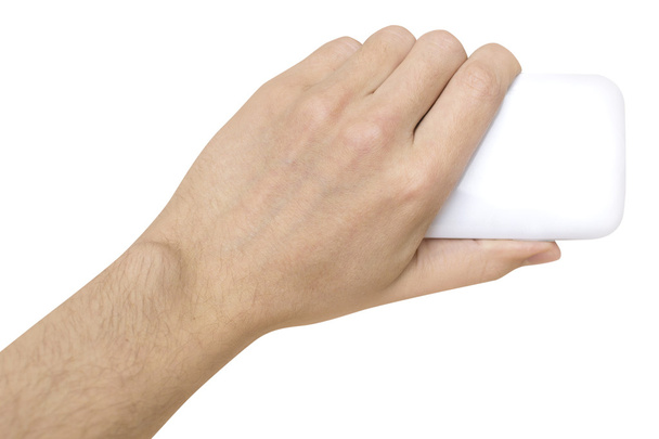 smartphone horizontal branco na mão do homem fundo branco
 - Foto, Imagem