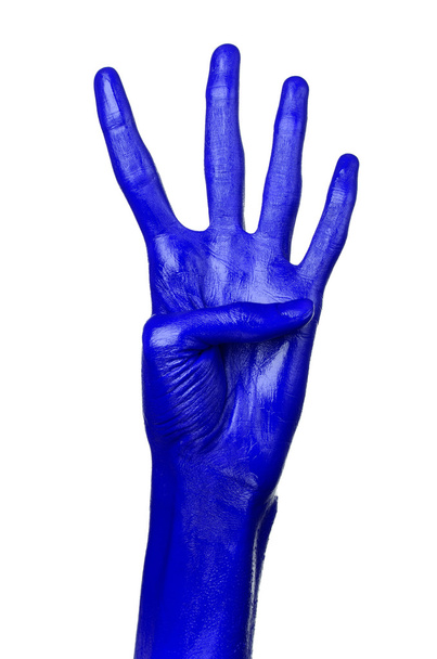 Blue hand on white background, isolated, paint - Foto, Imagem