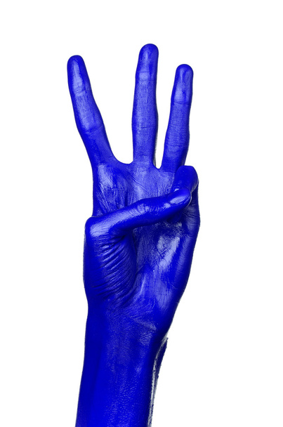 Blue hand on white background, isolated, paint - Photo, Image