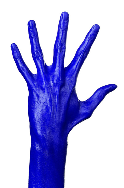 Blue hand on white background, isolated, paint - Foto, imagen