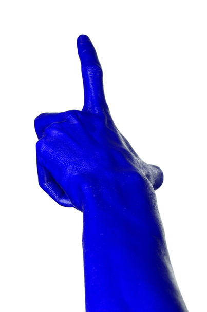Blue hand on white background, isolated, paint - 写真・画像