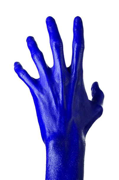 Blue hand on white background, isolated, paint - Foto, Bild