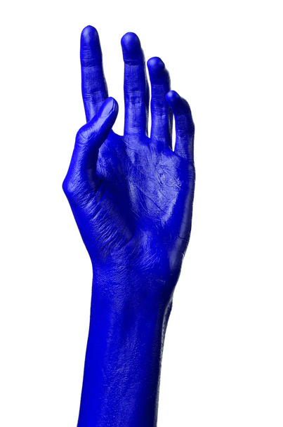 Blue hand on white background, isolated, paint - Foto, afbeelding