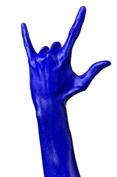 Blue hand on white background, isolated, paint - Foto, Imagem