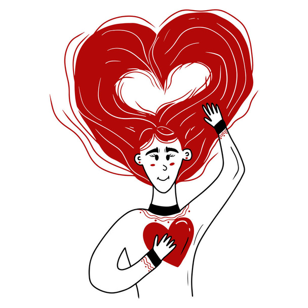 Schöne Mädchen mit einem ziemlich langen roten Haar in Herzform hält Herz in der Hand isoliert auf weißem Hintergrund. Konzept der gesunden Haare, Valentinstag, Liebe zu sich selbst. Handgezeichnetes Vektor-Doodle - Vektor, Bild