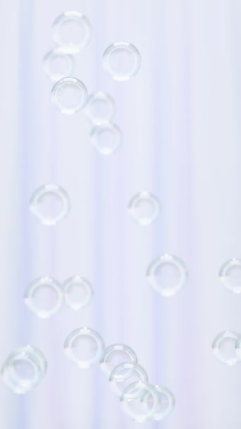 Looping realistico 3D reso video verticale di scintillanti bolle di sapone galleggianti con lo sfondo tenda bianca traslucido. Adatto per pulizia, purezza, morbidezza e concetti di cura della pelle. - Filmati, video