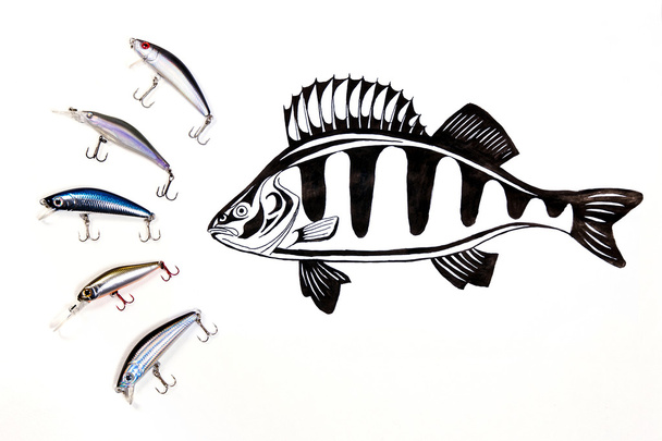 Différents types d'appâts en plastique de pêche avec dessin à l'encre fi
 - Photo, image