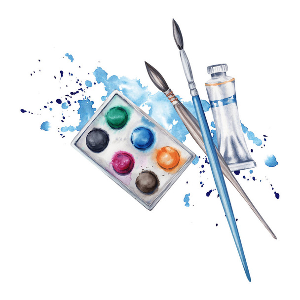 Vlakke lay compositie met verfset, penselen, verftube en blauwe aquarelspetters. Aquarelillustratie geïsoleerd op witte achtergrond. Grensontwerp voor kunstlessen, winkels, flyers, lessen - Foto, afbeelding