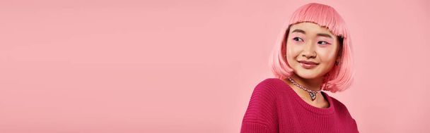 banner of pretty asian woman with pearl necklace, pink hair and makeup against vibrant background - Photo, Image