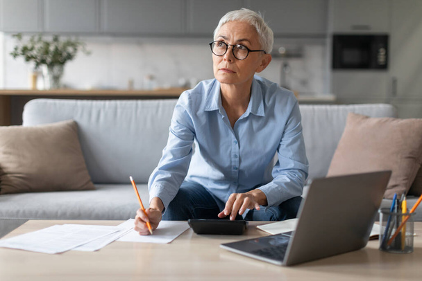 Пенсионерка, сидящая с ноутбуком и делающая заметки на диване, пишущая отчет и ведущая бизнес онлайн, сидящая за современным домашним интерьером. Freelance Career - Фото, изображение