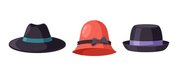 Classic Spring Hats, Fedora, Cloche ja Trilby ajaton mies ja nainen tarvikkeet, tarjoamalla tyylikäs Sun Protection, Exude Elegance säilyttäen viileä aurinkoisella säällä. Sarjakuva vektori kuvitus - Vektori, kuva