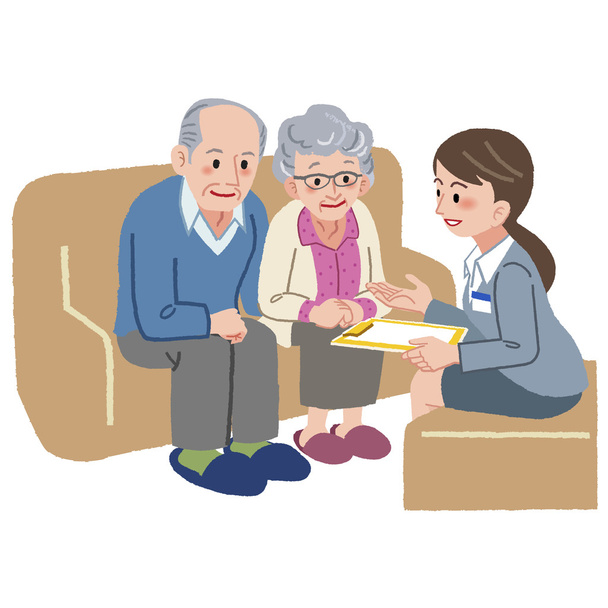 Консультация пожилых пар с менеджером по уходу за пожилыми людьми
 - Вектор,изображение