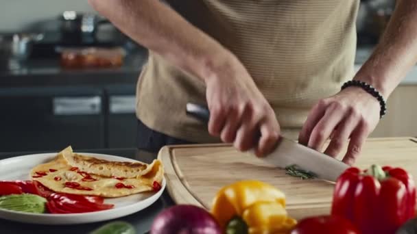 木製カッティングボードにナイフで緑の玉ねぎをチョッピングする男の手を閉じ,キッチンで食事を準備しながら野菜を並べた皿にそれを添える - 映像、動画