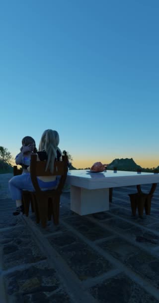 Mujer latina relata evento a su pareja lesbiana mujer caucásica juntos degustación de vino tinto y pavo celebrando ocasión especial en frente de viñedo renderizar arco de animación cámara movimiento 3D - Metraje, vídeo