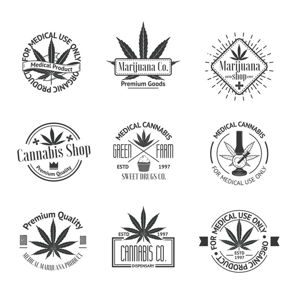 Σύνολο λογότυπα ιατρική μαριχουάνα. Κάνναβης κονκάρδες, ετικέτες και λογότυπα - Διάνυσμα, εικόνα