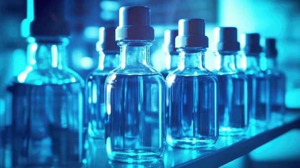 Flessen blauwe vloeistof, reageerbuisjes met chemicaliën en een container met water. Generatieve AI. - Foto, afbeelding