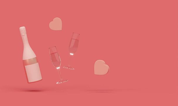 Μπουκαλάκι σαμπάνιας και κουτί δώρου καρδιάς σε ροζ φόντο χρώμα. Χρόνια πολλά για του Αγίου Βαλεντίνου. Γάμος διακοπών. - Φωτογραφία, εικόνα