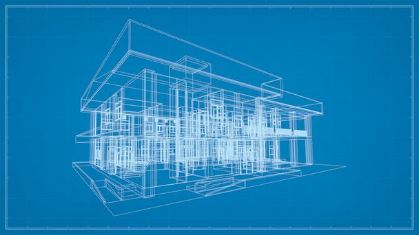 3D-perspektivisches Rendering der architektonischen Konstruktion von Wireframe. 3D-Gebäude-Drahtgitter. Vektorillustration. - Vektor, Bild