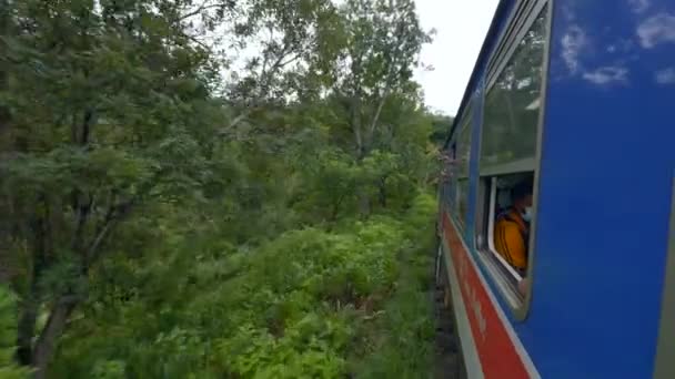 Zicht vanuit het raam van bewegende trein in de jungle. Actie. Reizende trein te midden van groen bos in tropische bergen. Mooie treinrit in tropen op bewolkte dag.  - Video