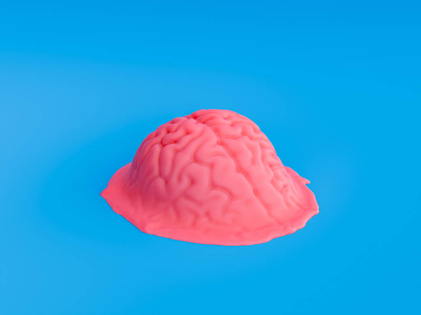 3D-візуалізація стилізованого рожевого мозку, що тане на яскравому синьому фоні, концепції стресу, творчості або психічного здоров'я. - Фото, зображення