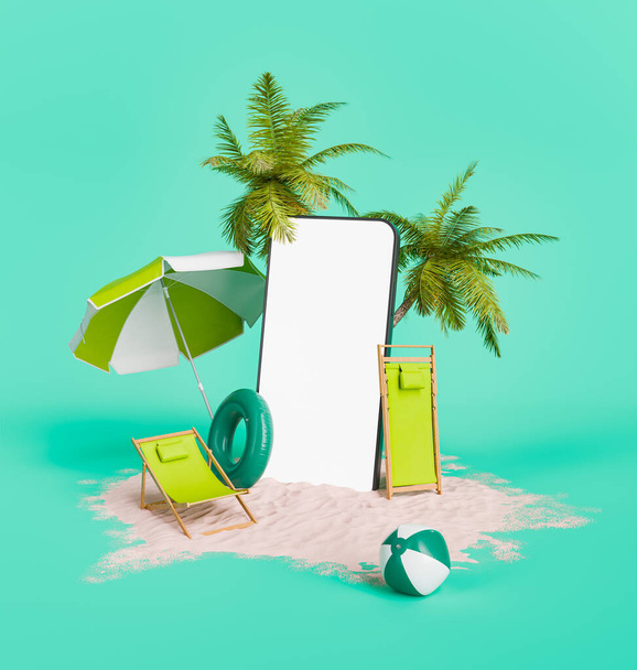 3D renderowanie stylizowanego smartfona z krzesłem plażowym, parasolem, palmami i piłką plażową na piasku. Koncepcja wakacji letnich. - Zdjęcie, obraz