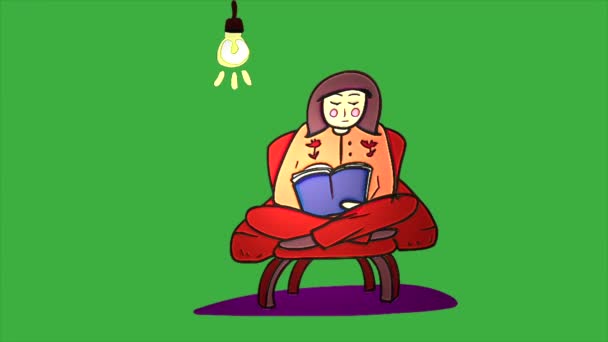 Smyčka video animace karikatura ženy sedící a čtení knihy, doprovázené hořící světlo na zeleném pozadí obrazovky - Záběry, video
