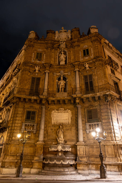 Palermo, Sicily, Italy Quattro Canti is a small square at the crossing of the ancient main roads (now: Corso Vittorio Emanuele and Via Maqueda) dividing the town into its quarters. - Photo, Image