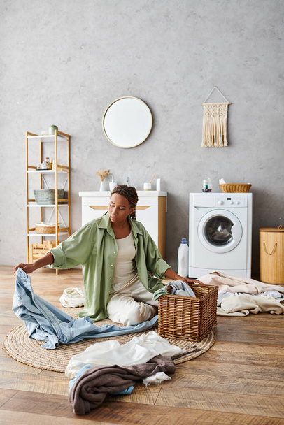 Kobieta z afro warkoczami siedzi na podłodze przed pralką, walcząc z praniem w łazience.. - Zdjęcie, obraz