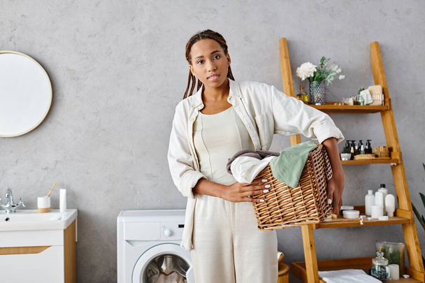 Eine afroamerikanische Frau mit afroamerikanischen Zöpfen wäscht in einem ruhigen Badezimmer Wäsche und hält einen Korb in der Hand. - Foto, Bild
