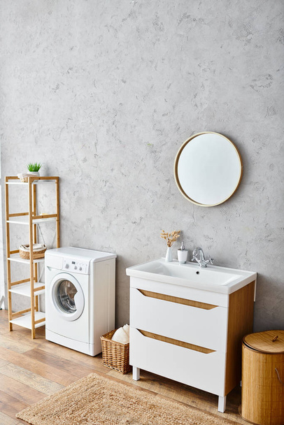 wit schone moderne badkamer met wasmachine en droger, gericht op schoonheid en hygiëne routine. - Foto, afbeelding