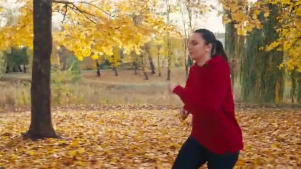 Golden Fitness Trail: Bella donna in esecuzione tra autunno giallo fogliame, in mostra uno stile di vita attivo all'aperto. Filmati 4k di alta qualità - Filmati, video