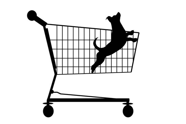 Silueta vectorial de perro dentro del carrito de compras sobre fondo blanco. Símbolo de accesorios de tienda de mascotas y venta. - Vector, imagen