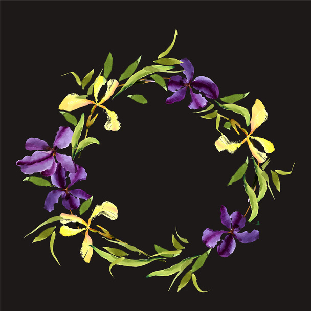 Wreath of irises on black background - Vecteur, image