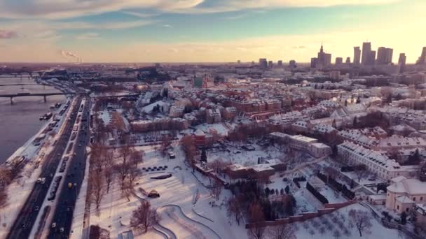 冬のポーランドのワルシャワの航空写真 - 映像、動画