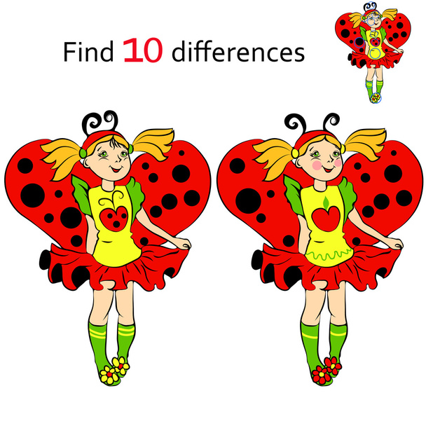 Encontrar 10 diferenças menina no traje Joaninha
 - Vetor, Imagem