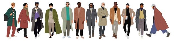 Conjunto de diversos hombres vistiendo invierno moderno, otoño, traje de primavera de pie, caminando. Personajes masculinos multirraciales en abrigo, traje, ropa casual. Ilustración realista vectorial aislada sobre fondo blanco - Vector, imagen