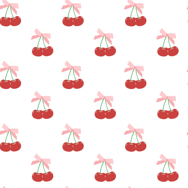 bonito coquete padrão sem costura cerejas vermelhas com fita arco isolado no fundo branco - Vetor, Imagem