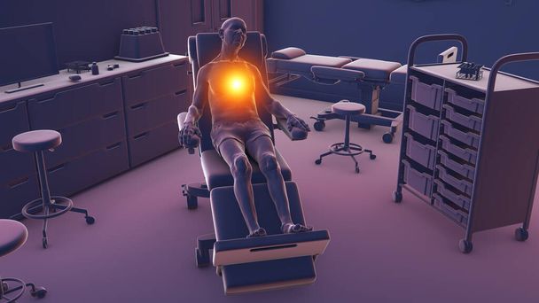 Illustration 3D représentant un patient masculin sur une roue médicale souffrant de douleurs cardiaques dans une salle d'hospitalisation, transmettant l'urgence de la détresse cardiovasculaire. - Photo, image