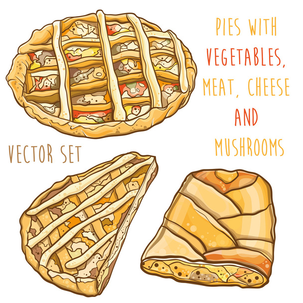 Vector set with pies with vegetables, meat, cheese and mushrooms - Vector, Image